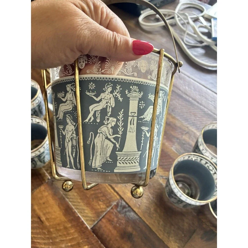 Vintage Greek Key Ice Bucket & 6 Rocks Glasses Grecian Gods MCM Barware Set